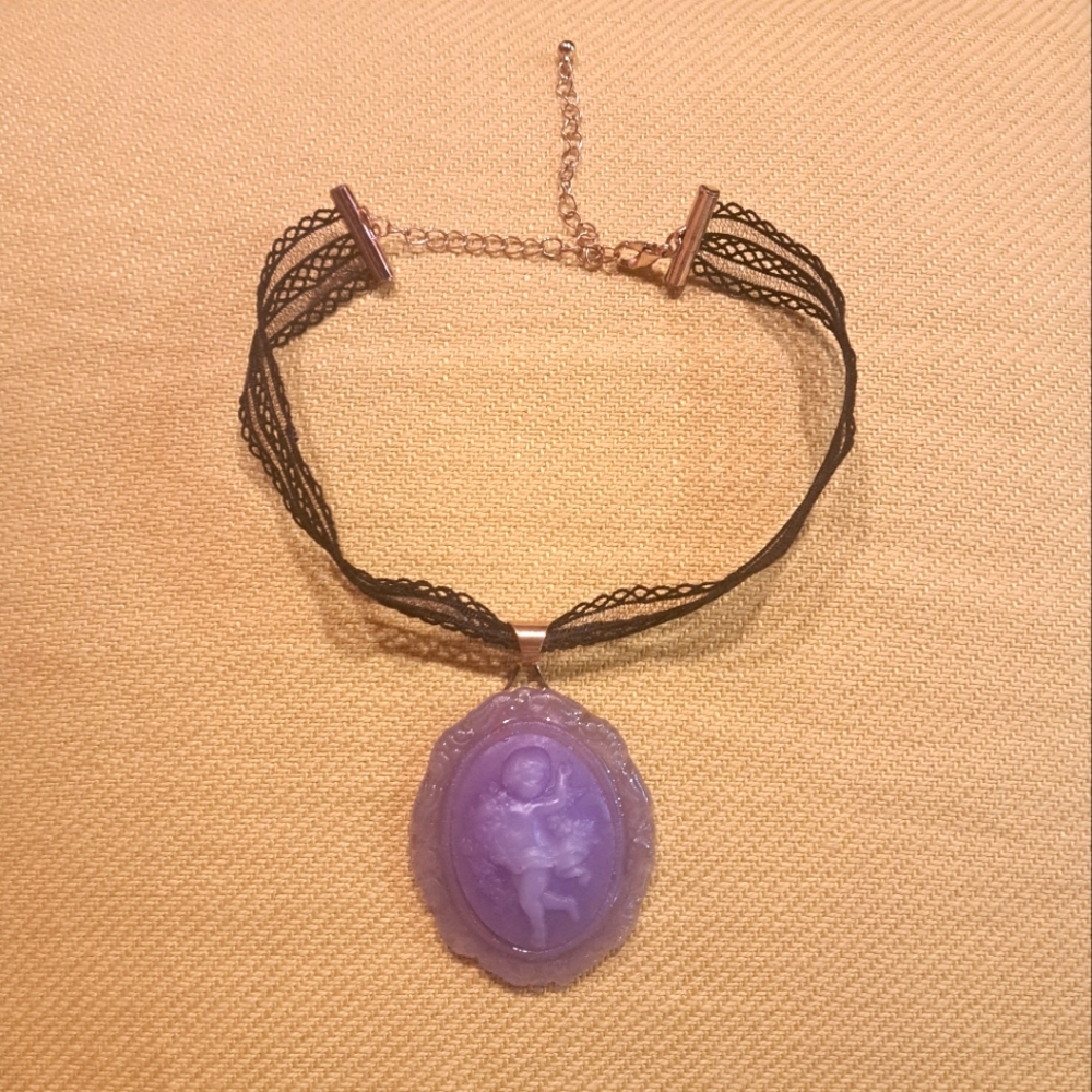 Cupid Pastel violet Cameo Goth Choker Necklace black lace gold